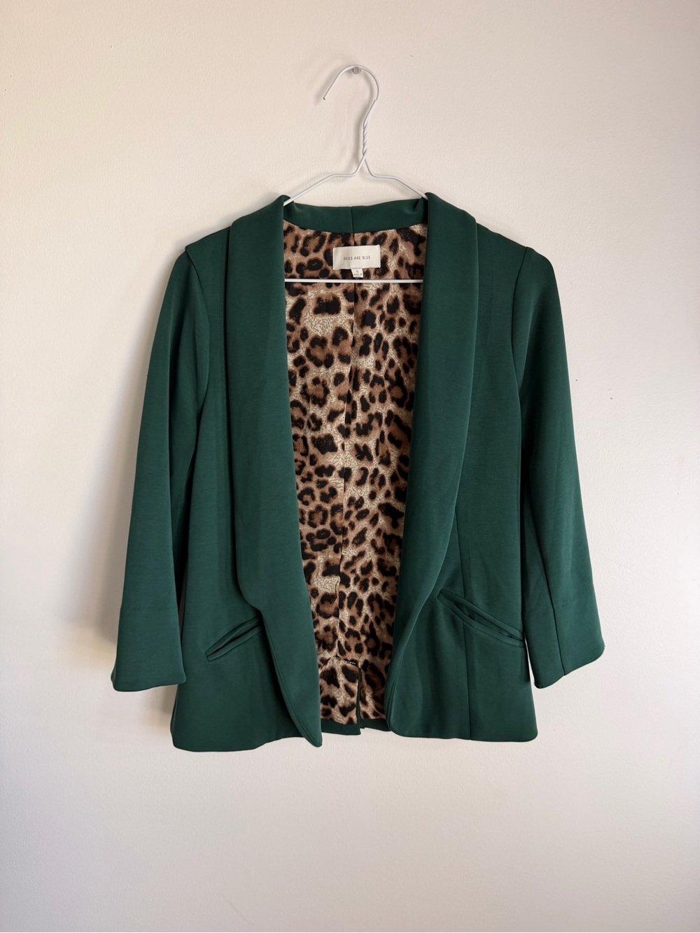 Skies Are Blue Emerald Green Open-Front Blazer with Leopard Print Lining